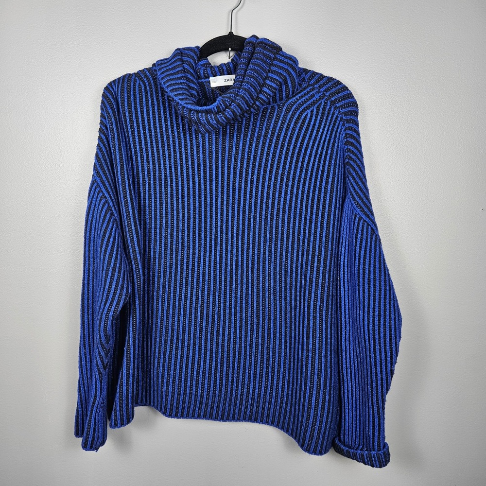 Zara Women L Sweater Cowl Neck Wool Blend Oversized Ribbed Cobalt Blue Black